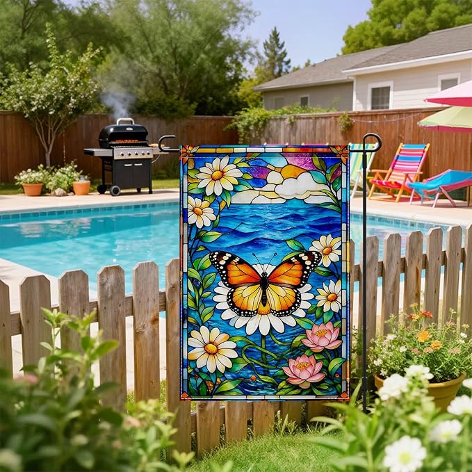 IVN Stained Glass Butterfly Garden Flag 12x18 Inch – Daisy and Water Lily Outdoor Flag, Double Sided Burlap Spring Summer Yard Flag for Porch Lawn Patio Decor