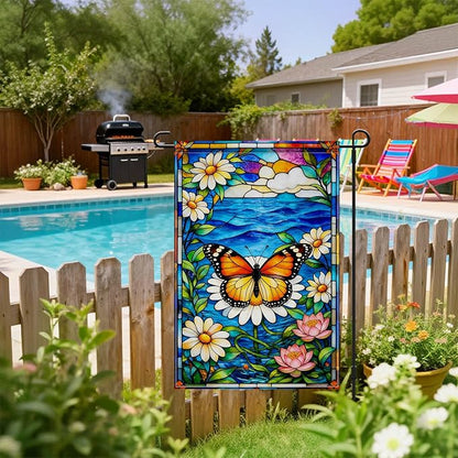 IVN Stained Glass Butterfly Garden Flag 12x18 Inch – Daisy and Water Lily Outdoor Flag, Double Sided Burlap Spring Summer Yard Flag for Porch Lawn Patio Decor