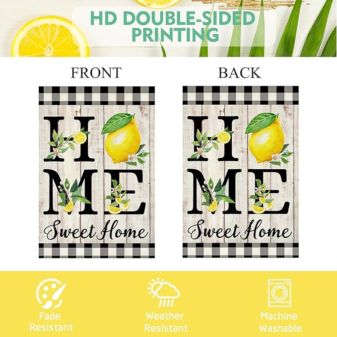 ORTIGIA Summer Lemon Garden Flag 12.5 x 18 Inch Double Sided Burlap Home Sweet Home Yellow Fruit Small Yard Flag Farmhouse Holiday Seasonal Outdoor Outside Decoration