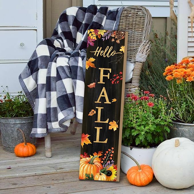 Hello Fall Porch Sign for Front Door, Autumn Wooden Welcome Sign with Maple Leaves Pumpkin for Front Porch Decorations, Fall Garden Decor Outdoor Hanging Signs Wall Sign 31.5"H