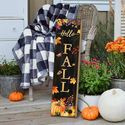Hello Fall Porch Sign for Front Door, Autumn Wooden Welcome Sign with Maple Leaves Pumpkin for Front Porch Decorations, Fall Garden Decor Outdoor Hanging Signs Wall Sign 31.5"H