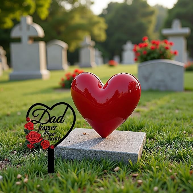 AIM & GGKK Memorial Stake for Dad - Metal Heart Grave Marker with Red Roses, Memorial Plaque Cemetery Decor for Grave, Garden, Gravesite