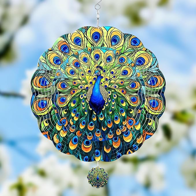 GENANY Peacock Hanging Wind Spinners for Women Men, 12 Inch Metal 3D, Stainless Steel Hanging Wind Catchers Sculpture for Outside, Spring Decoration Garden, Unique Gift