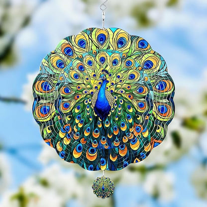 GENANY Peacock Hanging Wind Spinners for Women Men, 12 Inch Metal 3D, Stainless Steel Hanging Wind Catchers Sculpture for Outside, Spring Decoration Garden, Unique Gift