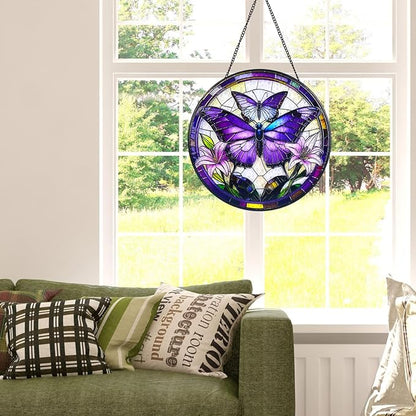 Purple Butterfly Stained Glass Window Hanging Suncatcher with Chain - 7.9" Outdoor/Indoor Art Decor for Home Garden, Wedding, Mother's, Festival, Valentine's & Christmas Ornaments Present