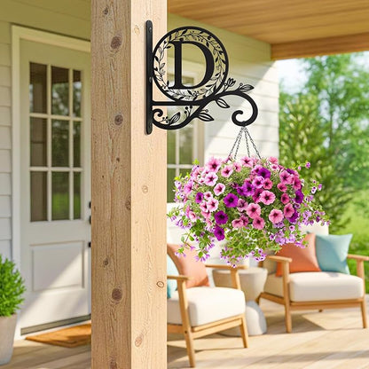 Personalized Initial Metal Plant Hanger Bracket, Decorative Wall Mount Hanging Plant Hook, Monogram Floral Leaf Garden Stake for Hanging Baskets Bird Feeders Lanterns Wind Chime (D)