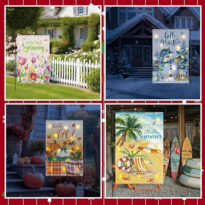 Breling Seasonal Garden Flags Set of 12 Double Sided 12 x 18 Inch Yard Flags with Solar Lights, Holiday Decorations for Outside, 4th of July, Spring, Summer