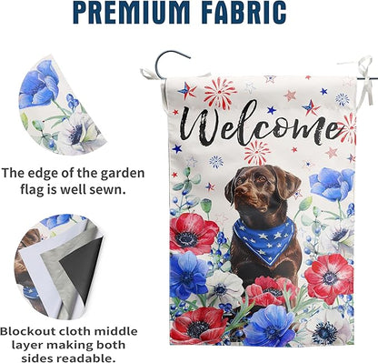 4th of July Chocolate Lab Garden Flag Red White Blue Floral Labrador Dog Yard Flags Small Memorial Independence Day Banner 12x18 Double Sided for Outside Outdoor Patriotic Decor
