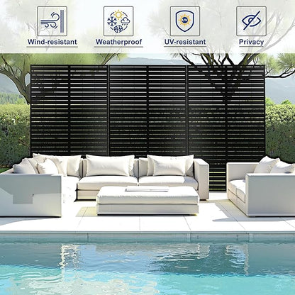 FENCY Metal Privacy Screen with Stand 72" H×44" W Outdoor Freestanding Privacy Panels, Outdoor Privacy Screen for Deck Patio Balcony(Black-Louvered)