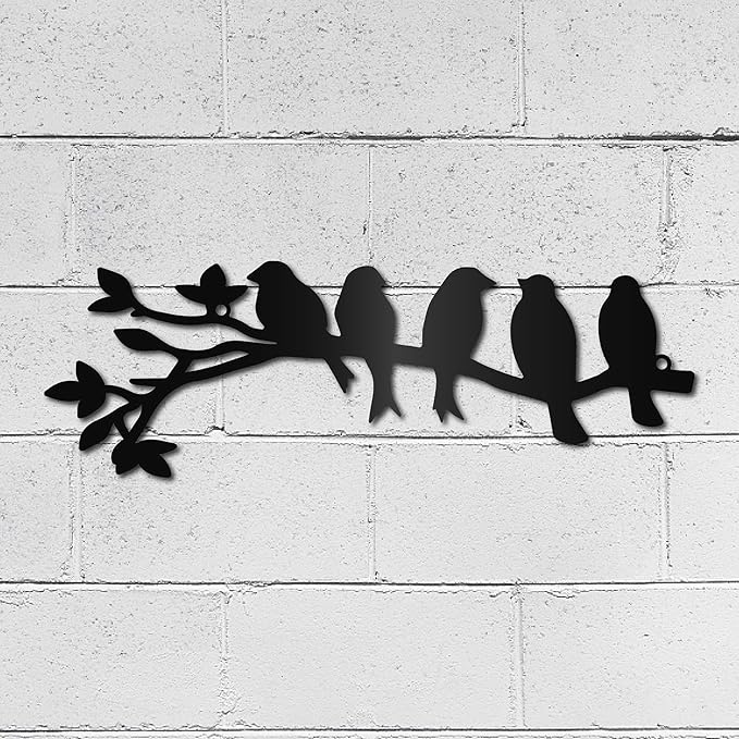 CREATCABIN Birds on Branch Metal Wall Art Decor Iron Wall Art 5 Birds Black Hollow Sculpture Hanging Decor Rustic Tree Ornament Hanging Sign for Indoor Outside Living Room Home Office 12 x 4Inch