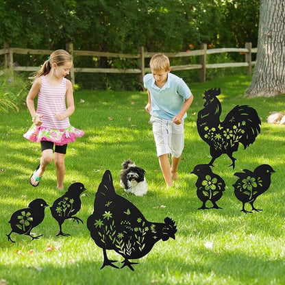 Romart Chicken Silhouette Garden Stakes Decorations - 6 Pcs Metal Chicken Animals Statues, Black Rustic Animal Sculpture Set, Yard Art for Outdoor Garden & Patio Lawn