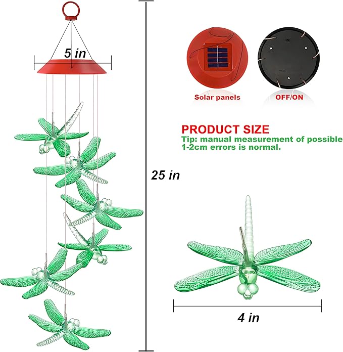 Solawindchime Dragonfly Wind Chimes Gifts for Women, Color Changing Solar Wind Chime Outdoor Decor, Waterproof Solar Lights, Romantic Dragonfly Wind Bells, Solar Powered Wind Chime Garden Decoration