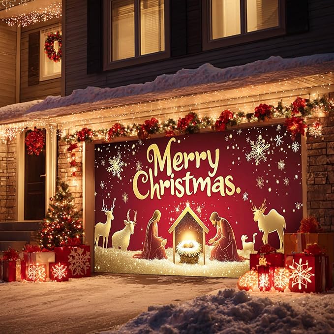 HOMETITUTE Christmas Garage Door Banner 13x6ft Holiday Decoration with Gold Figures Baby Jesus and Mary Red Background Snowflakes Deer Sheep Festive Outdoor Indoor Backdrop