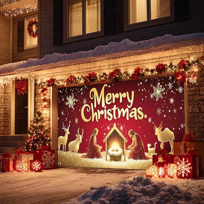 HOMETITUTE Christmas Garage Door Banner 13x6ft Holiday Decoration with Gold Figures Baby Jesus and Mary Red Background Snowflakes Deer Sheep Festive Outdoor Indoor Backdrop