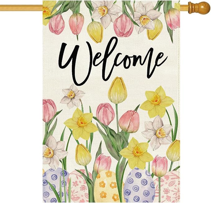 Baccessor Welcome Easter House Flag 28 x 40 Inch, Double Sided Burlap Tulip Daffodil Colorful Eggs Farmhouse Large Yard Flag Seasonal Holiday Spring Easter Outdoor Decor