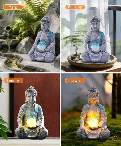 Nacome Solar Buddha Garden Statue Decor: Resin Zen Decor Waterproof Sitting Figurine with Lotus Flower Light Design for Outside Patio Lawn Yard Balcony - 8.3 inches(Grey)