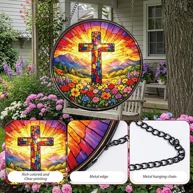 Rngmsi Stained Glass Window Hanging, 7.8″ Cross Christian Sun Catchers with Hook Indoor Window Decor, Decorative Suncatchers Hanging Ornaments Home Garden Art Gift for Housewarming