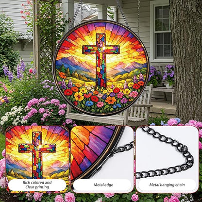 Rngmsi Stained Glass Window Hanging, 7.8″ Cross Christian Sun Catchers with Hook Indoor Window Decor, Decorative Suncatchers Hanging Ornaments Home Garden Art Gift for Housewarming
