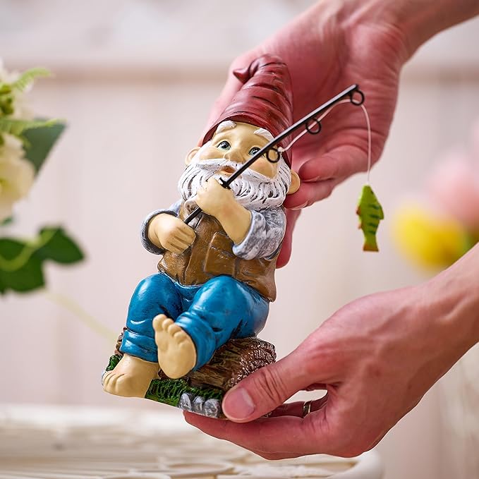 TERESA'S COLLECTIONS Resin Outdoor Statues for Garden Decor, Garden Gnome with Fishing Pole Funny Decorations for Outside, Yard Gnome Decor for Patio Lawn Ornaments, Ideal Gift for Women and Man, 8"