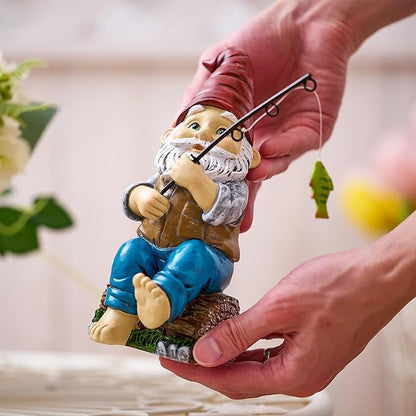 TERESA'S COLLECTIONS Resin Outdoor Statues for Garden Decor, Garden Gnome with Fishing Pole Funny Decorations for Outside, Yard Gnome Decor for Patio Lawn Ornaments, Ideal Gift for Women and Man, 8"