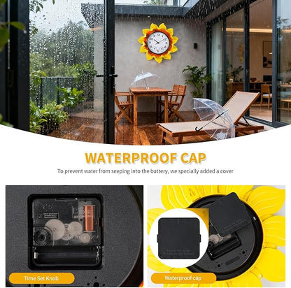 3D Metal Sunflower Wall-Mounted Outdoor Clock Thermometer and Hygrometer Combo，11 Inch Wall Clock Waterproof Quartz Clock Silent No-Ticking for Patio,Kitchen, Living Room,bedrooms,Garden