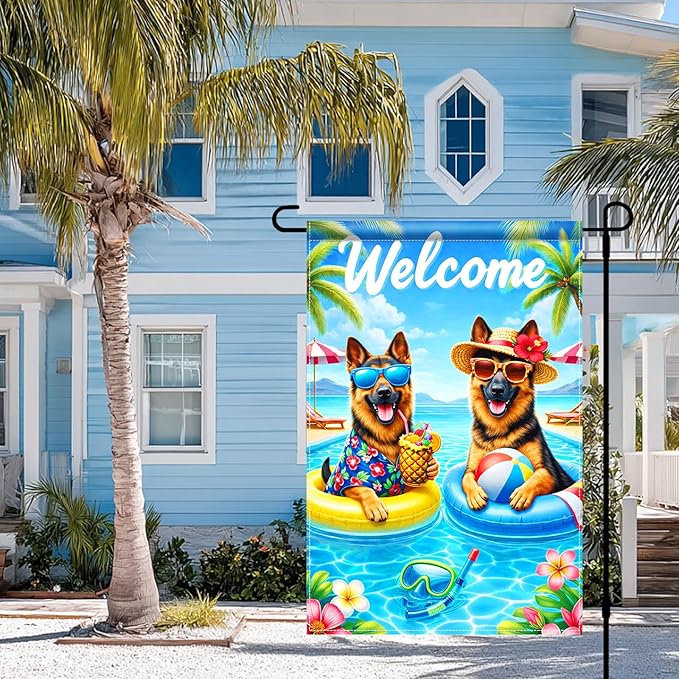 BlissYard Welcome Summer German Shepherd Garden Flag 12x18 Double Sided Vertical Outdoor Pool Dog Decor Tropical Beach Yard Lawn Patio Poolside Banner