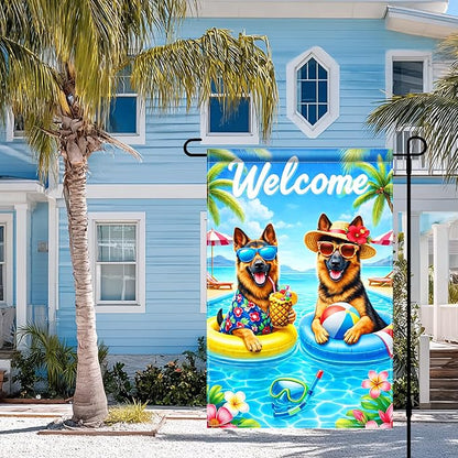 BlissYard Welcome Summer German Shepherd Garden Flag 12x18 Double Sided Vertical Outdoor Pool Dog Decor Tropical Beach Yard Lawn Patio Poolside Banner
