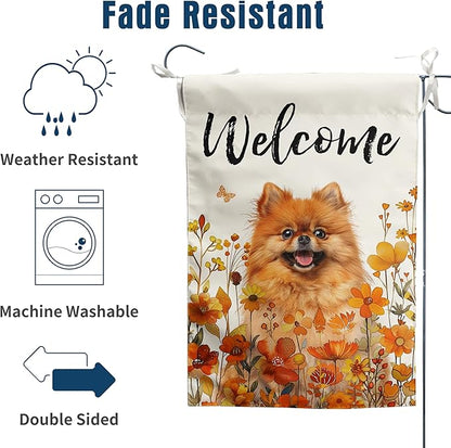 Pomeranian Fall Garden Flag Autumn Dog Yard Sign Orange Floral Thanksgiving Outdoor Banners for Outside 12x18 Double Sided Small Wild Flower Lawn Decorations