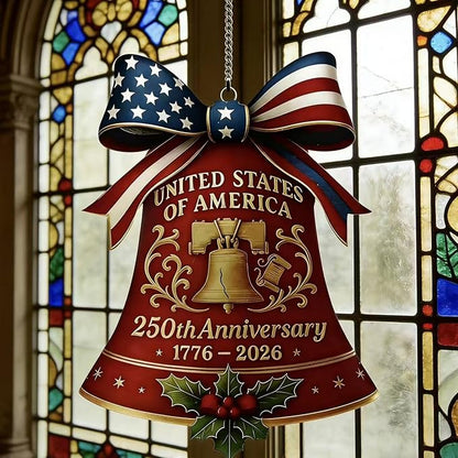 July 4th 250th Anniversary Ornament,Bell Sun Catcher Hanging,Red with America Flag Designs Bow Patriotic Christmas Ornaments,Full Cover Acrylic Suncatchers for Windows Decor Party Supplies for Garden