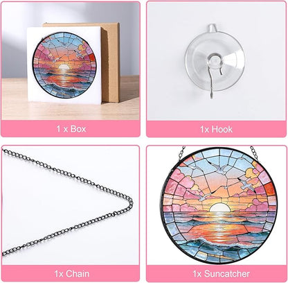 Hanging Stained Glass for Windows,20cm/7.87inch Sea Sunrise Stained Glass Suncatcher with Chain Garden Diamond Glass Panel Hangings Decoration for Home Decor Gifts for Family Friends Colleagues