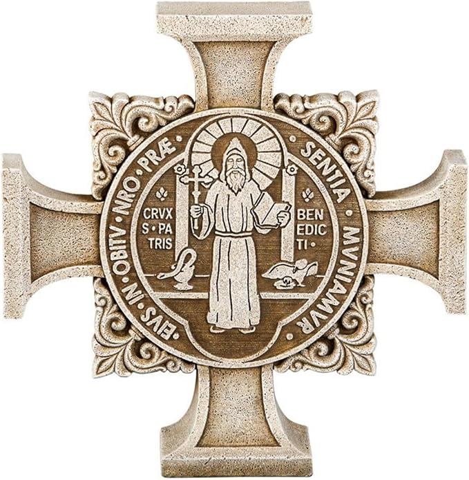 Avalon Gallery Saint Benedict Stepping Stone Cross, Stone Resin Garden Décor, 11" Square