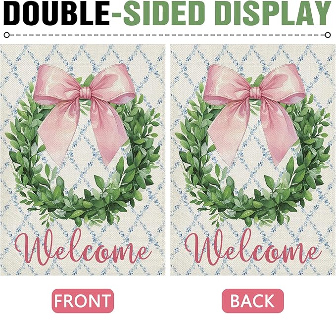 Dyrenson Welcome Pink Bow Wreath Decorative Garden Flag, Coquette Ribbon Eucalyptus Leaves Yard Outside Home Decoration, Botanical Floral Burlap Outdoor Small Decor Double Sided 12 x 18
