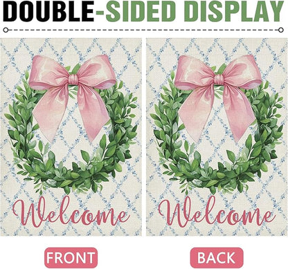 Dyrenson Welcome Pink Bow Wreath Decorative Garden Flag, Coquette Ribbon Eucalyptus Leaves Yard Outside Home Decoration, Botanical Floral Burlap Outdoor Small Decor Double Sided 12 x 18