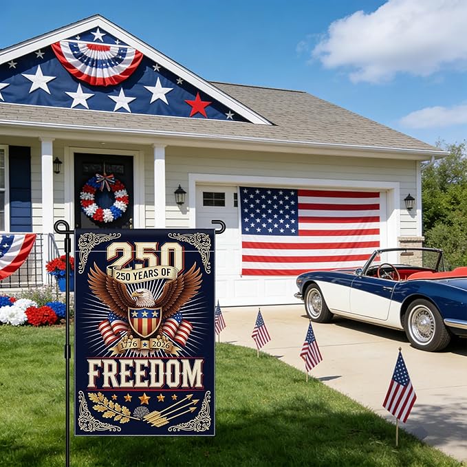 250 Anniversary USA Garden Flag, 4th of July Garden Flag America Patriotic Banner 250 Years of Freedom Yard Sign Eagle Design Double-Sided Waterproof 1776-2026 Commemorative Flag 12x18 Inch