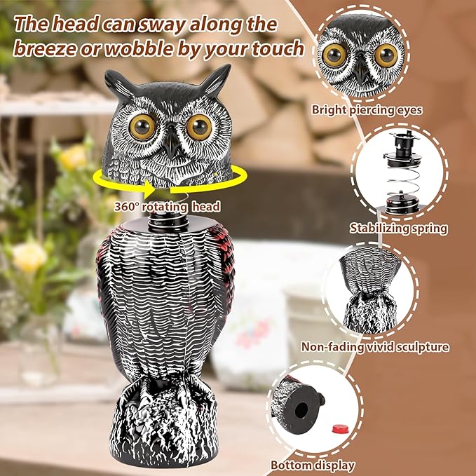 Fake Owl Decoys to Scare Birds Away-15.8 Inch, 2 Pack Rotating Head Sculptures, Nature Enemy Scarecrow Plastic Owl Statues, Bird Control and Pigeon Deterrent Outdoor for Outside, Patio, Yard