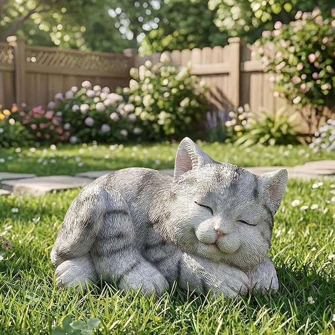 Sleeping Grey Tabby Garden Statue - Resin Realistic Mini Cat Sculpture, Pet Loss Memorial Stone, for Cat Lovers, Indoor/Outdoor Decor, Animal Figurine for Yard Ornaments