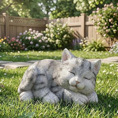 Sleeping Grey Tabby Garden Statue - Resin Realistic Mini Cat Sculpture, Pet Loss Memorial Stone, for Cat Lovers, Indoor/Outdoor Decor, Animal Figurine for Yard Ornaments