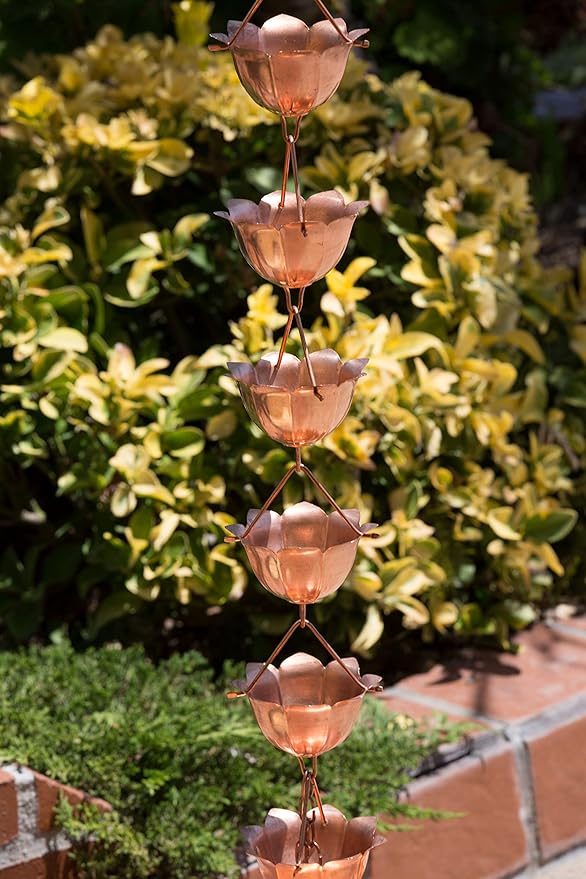 Monarch Rain Chains Pure Copper Lotus Rain Chain with Gutter Adapter, 8.5 ft Decorative Downspout Replacement & Copper Rain Chain Gutter Adapter