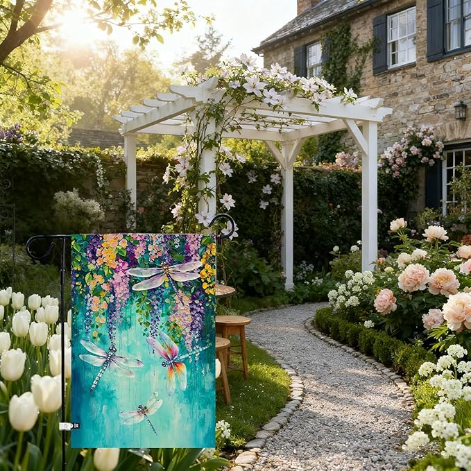 Baccessor Spring Summer Floral Garden Flag Double Sided 12.5 x 18 Inch Burlap with Clip and Stopper,Wisteria Dragonfly Welcome Flag Front Yard Lawn Seasonal Farmhouse Outside Outdoor Decoration