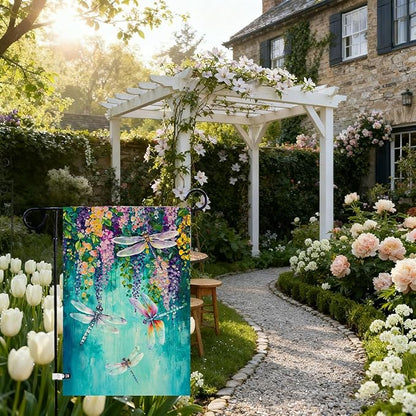 Baccessor Spring Summer Floral Garden Flag Double Sided 12.5 x 18 Inch Burlap with Clip and Stopper,Wisteria Dragonfly Welcome Flag Front Yard Lawn Seasonal Farmhouse Outside Outdoor Decoration