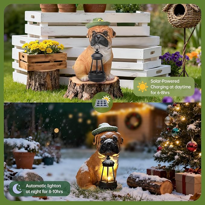 Solar Dog Outdoor Garden Statue with Lantern, French Bulldog Figurine with LED Lights, Lawn Decor for Patio, Yard Ornament, Unique Valentine's Day Birthday Gift for Women Mom Gardener