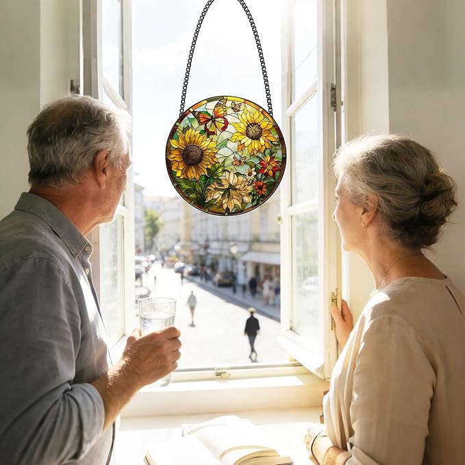Stained Glass Window Hanging, Sunflower Sun Catchers Glass Panel Yellow Suncatcher Decor for Birthday, Women, Men, Wife, Aunt, Lovers, Home Garden 7.8 in