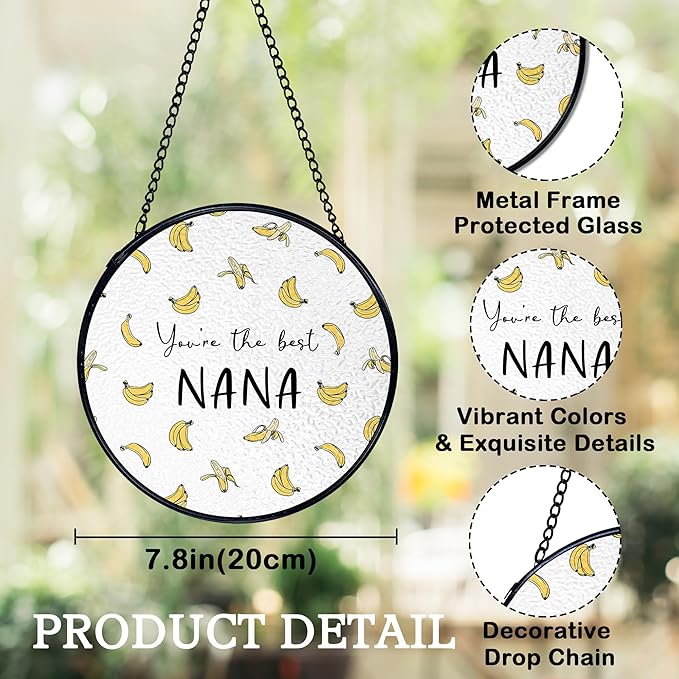 Nana Banana Gifts, Nana Banana Suncatchers Stained Glass Window Hanging, Nana Gifts for Mother's Day, Grandma Gift from Grandkids Sun Catchers Indoor Window, 7.9x7.9in