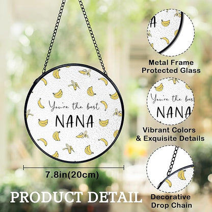 Nana Banana Gifts, Nana Banana Suncatchers Stained Glass Window Hanging, Nana Gifts for Mother's Day, Grandma Gift from Grandkids Sun Catchers Indoor Window, 7.9x7.9in