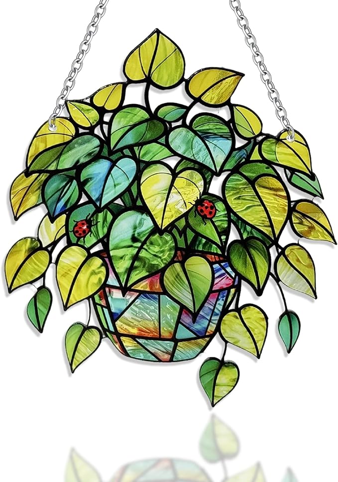 Plant Suncatcher Glass, Stained Glass Suncatcher Plant Window Hanging, Unique Nature Lover Gifts Leaf