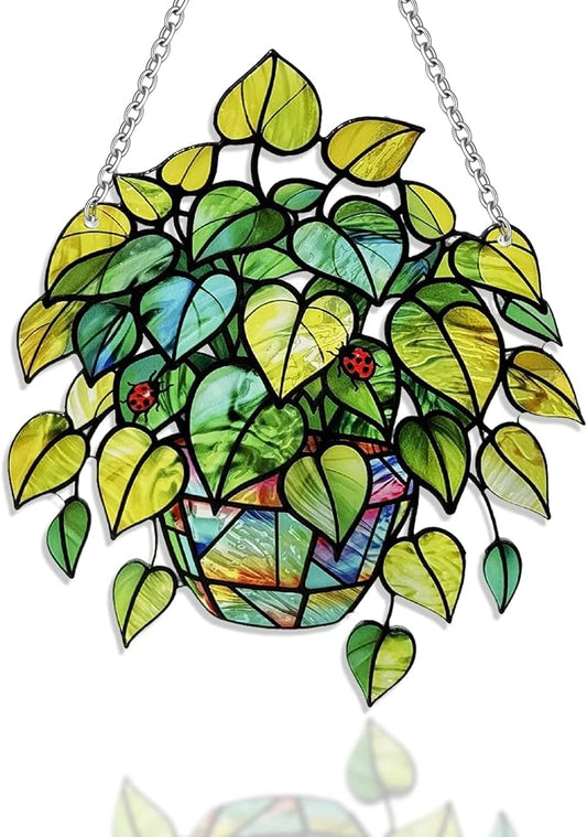 Plant Suncatcher Glass, Stained Glass Suncatcher Plant Window Hanging, Unique Nature Lover Gifts Leaf