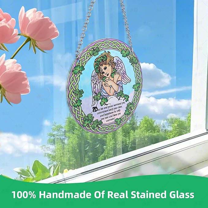 Stained Glass Angel Suncatcher Window Hanging Ornament for Home and Garden Decor 100% Real Glass with Elegant Angel Design Gift for Mom and Loved Ones.