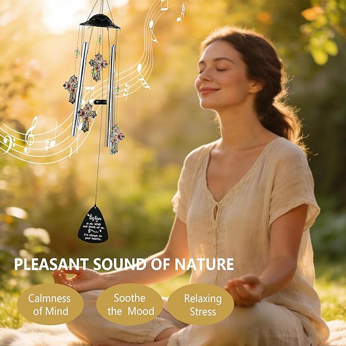 HDCRYSTALGIFTS 34'' Christian Gifts for Women Men, Memorial Wind Chimes for Outside, Religious Christian Sympathy Gifts for Loss of Loved One Mom Dad Friends Home Garden Decor (Cross)