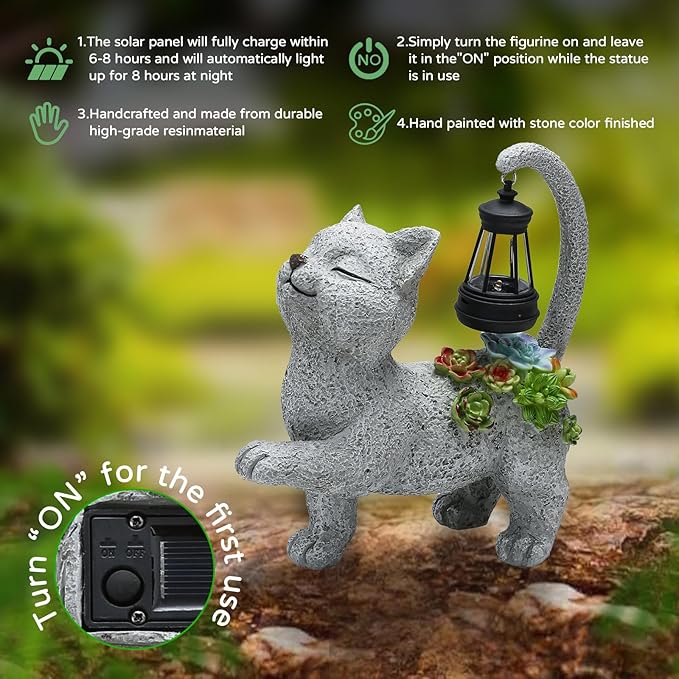 WENYLE Solar Garden Outdoor Statues,Cat Garden Statue with Succulent Solar Lantern, Cat Lover Gifts for Women