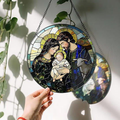 8-Inch Nativity Scene Stained Glass Suncatcher Ornament, Christian Stained Glass Window Hanging, Religious Ornament, Christmas Hanging Decor — Gifts for Christmas, Christian Gift, Religious Gift